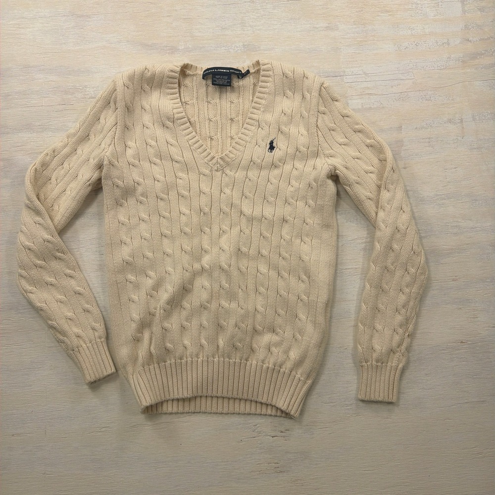 Ralph Lauren Sport Sweater V-Neck Cable Knit Logo Cream S Women